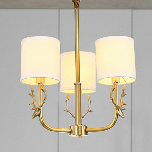 Brass Deer Chandelier Light Minimalistic Metal Hanging Lamp with Cylinder Fabric Shade 3 Brass Clearhalo 'Ceiling Lights' 'Chandeliers' 'Modern Chandeliers' 'Modern' Lighting' 2423182