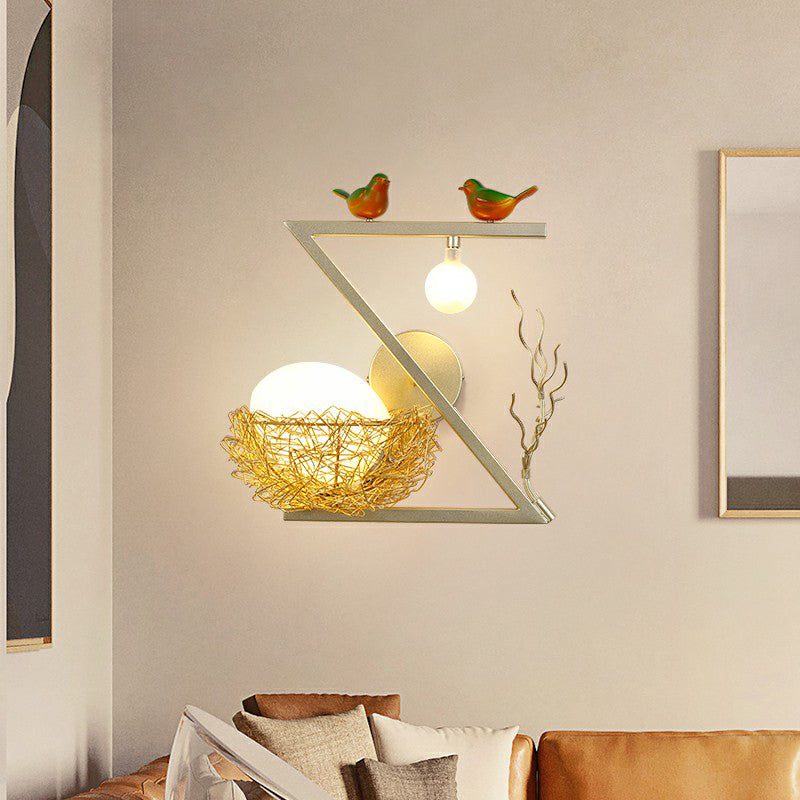 Aluminum Bird Den Wall Sconce Art Decor 1-Light Gold Wall Lamp with Oval White Glass Shade White Curved Clearhalo 'Wall Lamps & Sconces' 'Wall Lights' Lighting' 2423186