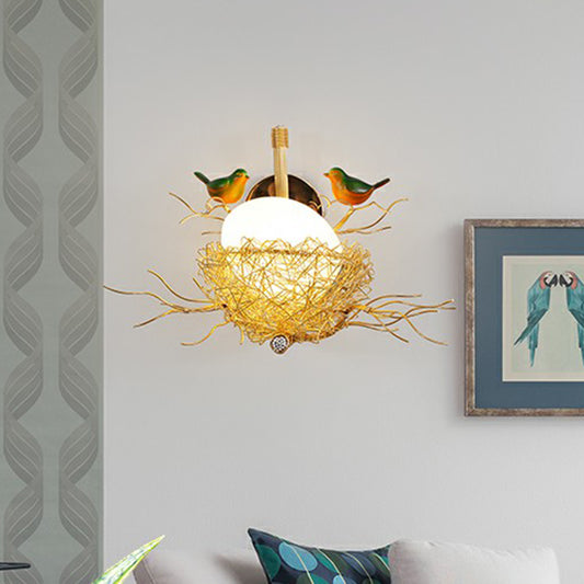 Aluminum Bird Den Wall Sconce Art Decor 1-Light Gold Wall Lamp with Oval White Glass Shade Clearhalo 'Wall Lamps & Sconces' 'Wall Lights' Lighting' 2423188