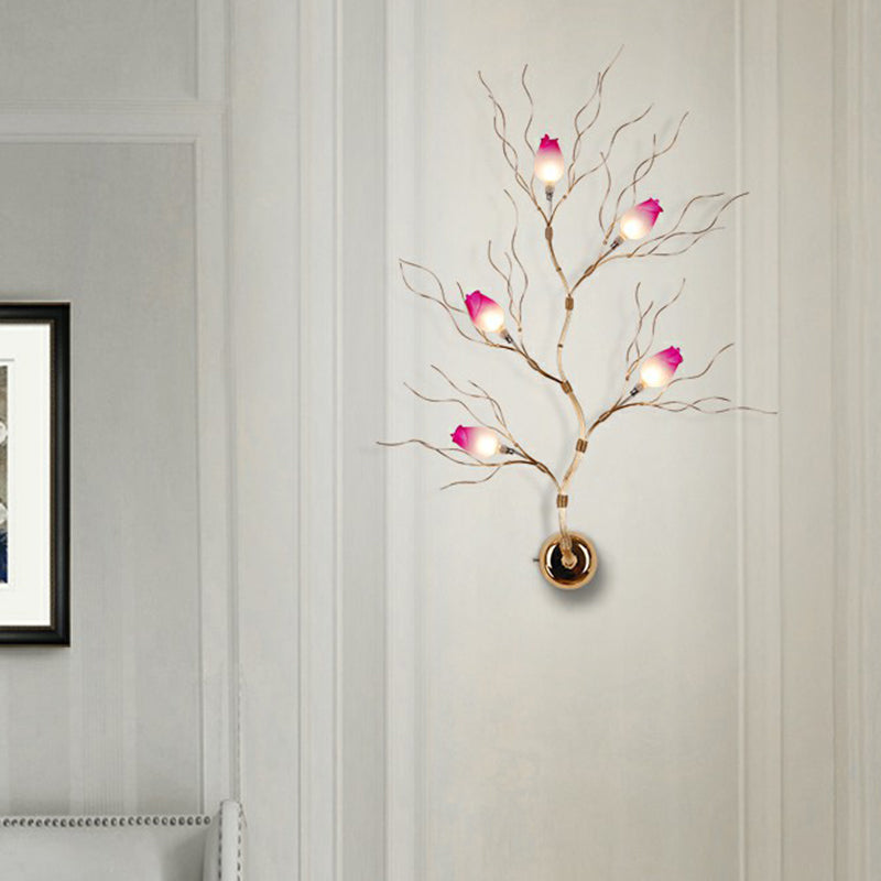 Artistic Rose Wall Mount Light Aluminum 5 Heads Living Room Sconce Lighting in Gold Gold Purple Clearhalo 'Wall Lamps & Sconces' 'Wall Lights' Lighting' 2423197