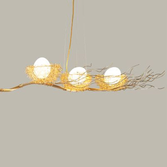 Artistic 3-Light Hanging Light Beige Nest and Egg Island Light Fixture with Cream Glass Shade Beige Branch Clearhalo 'Ceiling Lights' 'Chandeliers' 'Glass shade' 'Glass' 'Island Lights' 'Pendant Lights' Lighting' 2423220