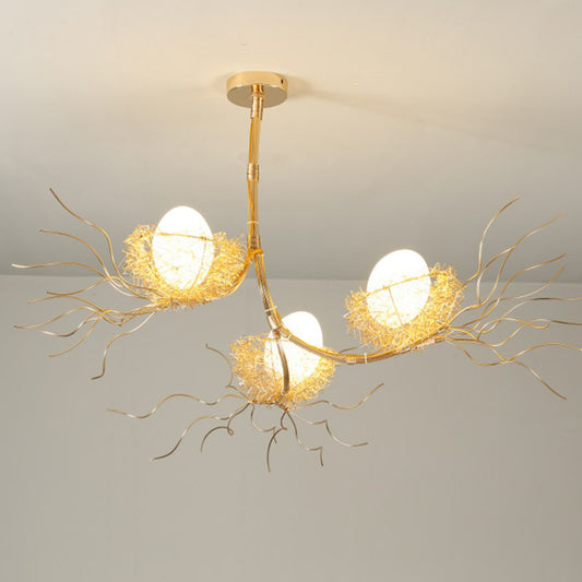 Artistic 3-Light Hanging Light Beige Nest and Egg Island Light Fixture with Cream Glass Shade Clearhalo 'Ceiling Lights' 'Chandeliers' 'Glass shade' 'Glass' 'Island Lights' 'Pendant Lights' Lighting' 2423223