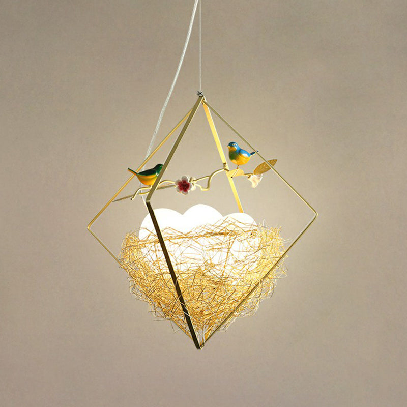 Birds Nest Chandelier Nordic Metal 3-Light Beige Hanging Light with Rhombus Frame and Egg Shade Clearhalo 'Ceiling Lights' 'Chandeliers' Lighting' options 2423248