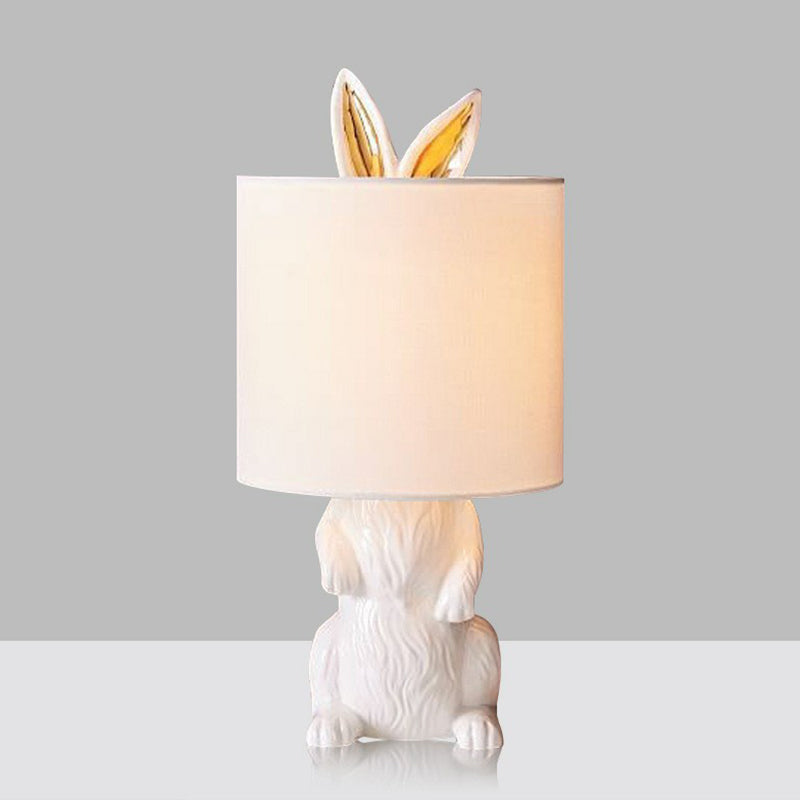 Cartoon Cylindrical Night Light Fabric 1 Head Bedroom Table Light with Rabbit Pedestal in White White Clearhalo 'Lamps' 'Table Lamps' Lighting' 2423257