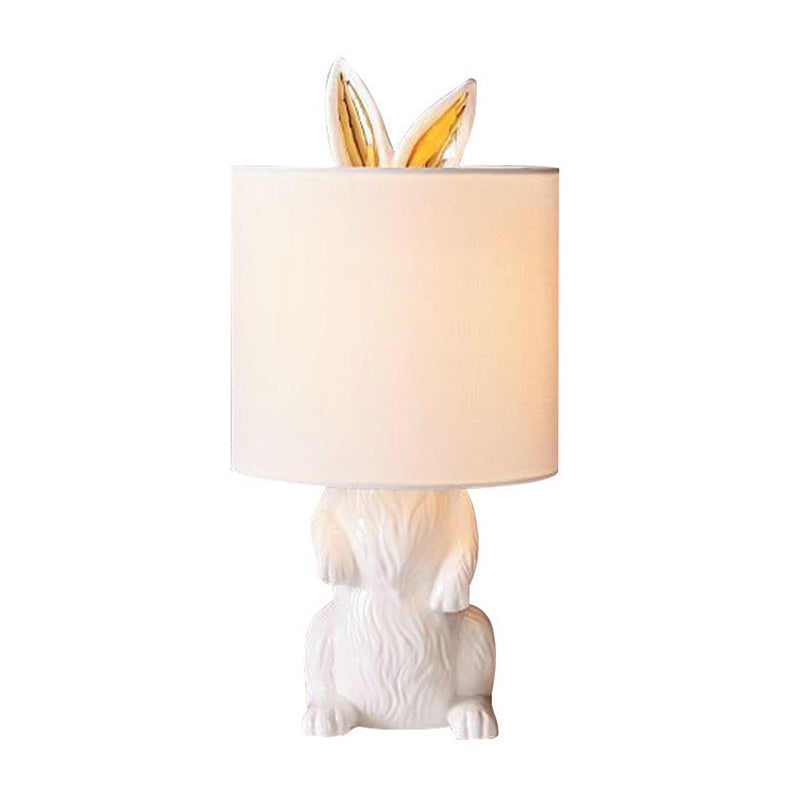 Cartoon Cylindrical Night Light Fabric 1 Head Bedroom Table Light with Rabbit Pedestal in White Clearhalo 'Lamps' 'Table Lamps' Lighting' 2423259