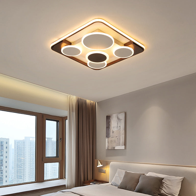 Metal Circles Flush Mount Light Novelty Nordic Coffee LED Ceiling Lighting for Living Room Coffee Remote Control Stepless Dimming Square Clearhalo 'Ceiling Lights' 'Close To Ceiling Lights' 'Close to ceiling' 'Flush mount' Lighting' 2423484