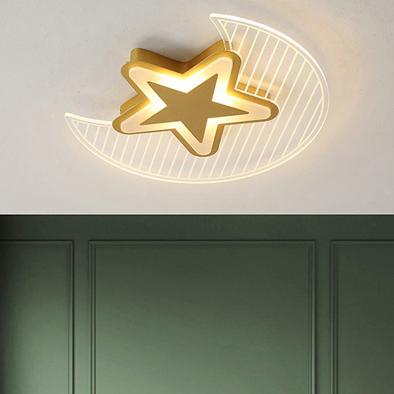 Crescent and Star LED Flush Light Nordic Acrylic Bedroom Ceiling Mounted Light Fixture Gold 16.5" Third Gear Clearhalo 'Ceiling Lights' 'Close To Ceiling Lights' 'Close to ceiling' 'Flush mount' Lighting' 2423490