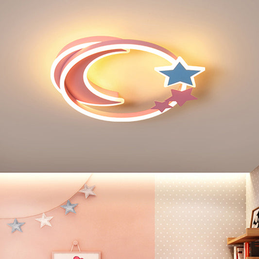 Cartoon Crescent and Star Flushmount Aluminum Bedroom LED Flush Ceiling Light Fixture Pink 18.5" Third Gear Clearhalo 'Ceiling Lights' 'Close To Ceiling Lights' 'Close to ceiling' 'Flush mount' Lighting' 2423586