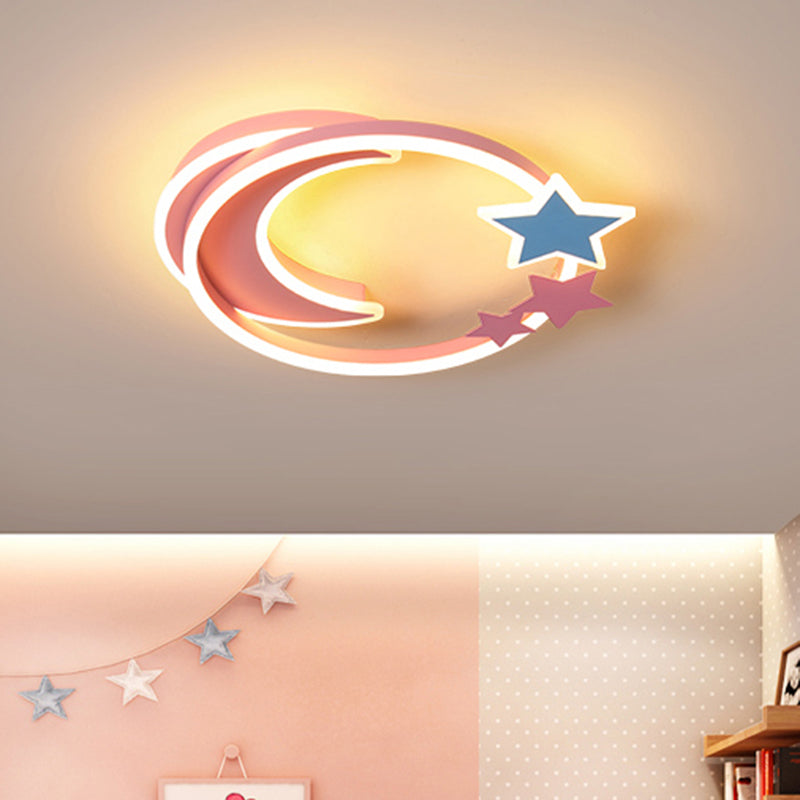 Cartoon Crescent and Star Flushmount Aluminum Bedroom LED Flush Ceiling Light Fixture Pink 23.5" Warm Clearhalo 'Ceiling Lights' 'Close To Ceiling Lights' 'Close to ceiling' 'Flush mount' Lighting' 2423587