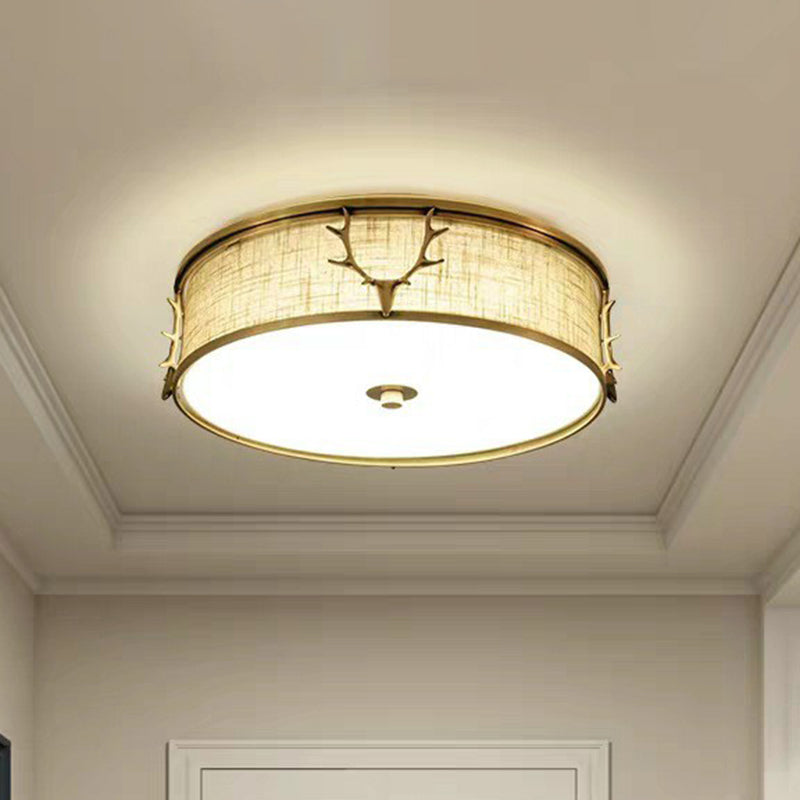 Fabric Drum Flush Ceiling Light Nordic Style Flush Light with Decorative Antler for Foyer