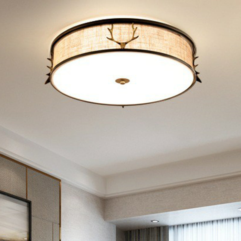 Fabric Drum Flush Ceiling Light Nordic Style Flush Light with Decorative Antler for Foyer