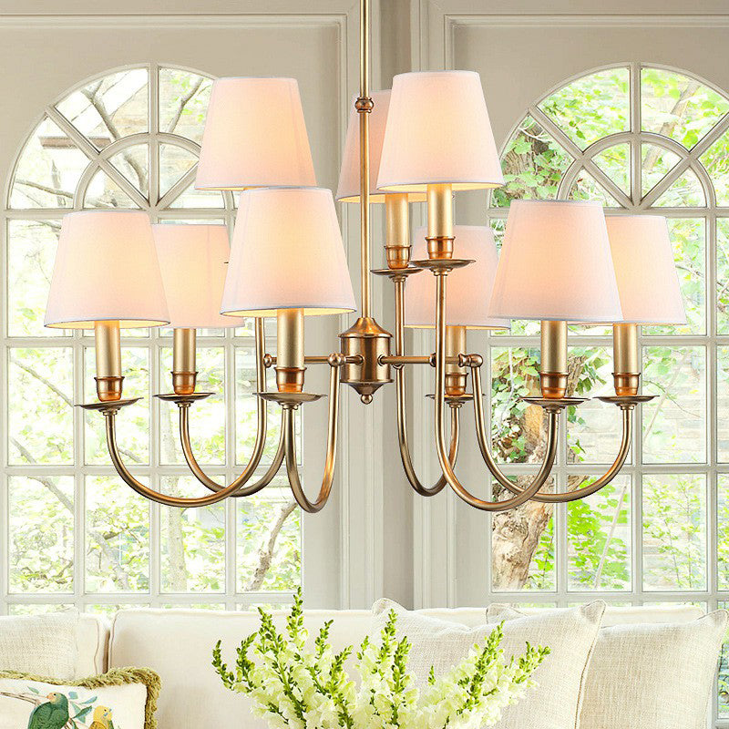 Modern Conic Shade Chandelier Fabric 9-Light Living Room Drop Lamp with Arched Arm in Brass Brass Clearhalo 'Ceiling Lights' 'Chandeliers' 'Modern Chandeliers' 'Modern' Lighting' 2423796