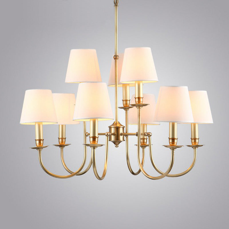 Modern Conic Shade Chandelier Fabric 9-Light Living Room Drop Lamp with Arched Arm in Brass Clearhalo 'Ceiling Lights' 'Chandeliers' 'Modern Chandeliers' 'Modern' Lighting' 2423797