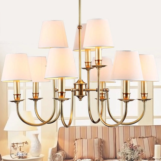 Modern Conic Shade Chandelier Fabric 9-Light Living Room Drop Lamp with Arched Arm in Brass Clearhalo 'Ceiling Lights' 'Chandeliers' 'Modern Chandeliers' 'Modern' Lighting' 2423800