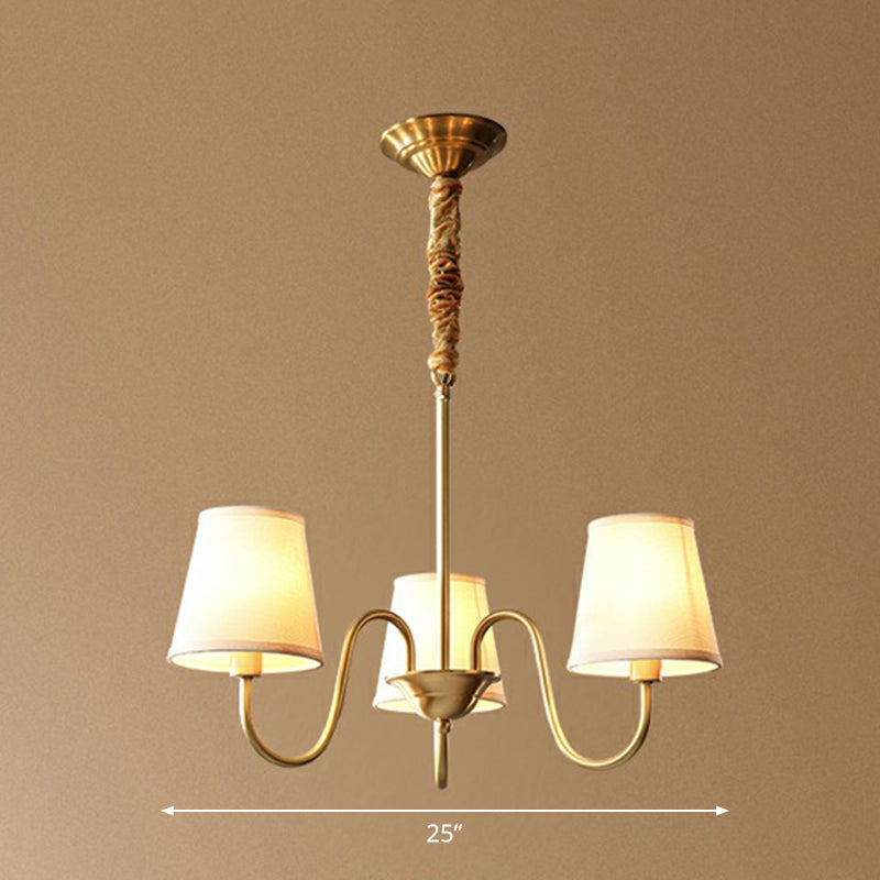 Curvy Arm Metal Chandelier Minimalistic Living Room Pendant Light in Brass with Cone Fabric Shade 3 Brass Clearhalo 'Ceiling Lights' 'Chandeliers' 'Modern Chandeliers' 'Modern' Lighting' 2423802