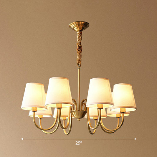 Curvy Arm Metal Chandelier Minimalistic Living Room Pendant Light in Brass with Cone Fabric Shade 8 Brass Clearhalo 'Ceiling Lights' 'Chandeliers' 'Modern Chandeliers' 'Modern' Lighting' 2423803