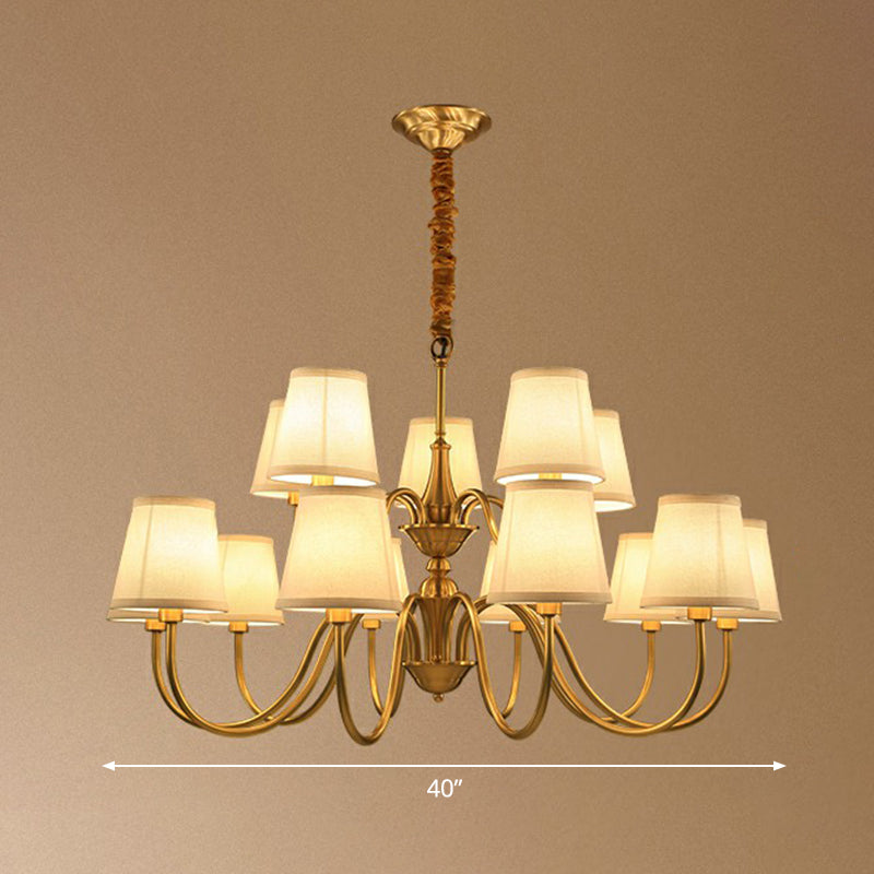 Curvy Arm Metal Chandelier Minimalistic Living Room Pendant Light in Brass with Cone Fabric Shade 15 Brass Clearhalo 'Ceiling Lights' 'Chandeliers' 'Modern Chandeliers' 'Modern' Lighting' 2423806