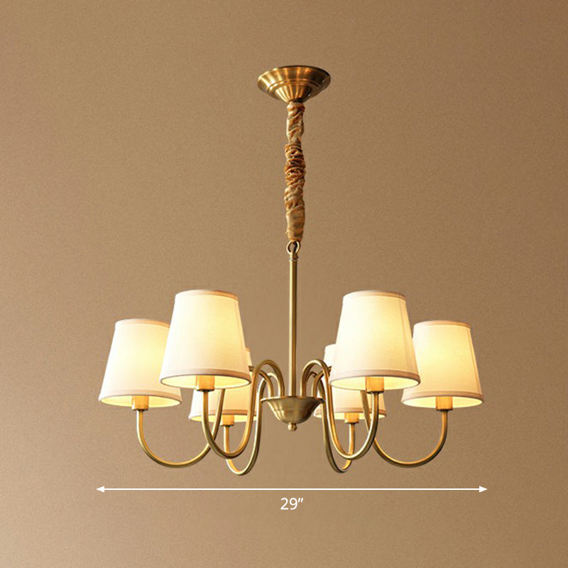 Curvy Arm Metal Chandelier Minimalistic Living Room Pendant Light in Brass with Cone Fabric Shade 6 Brass Clearhalo 'Ceiling Lights' 'Chandeliers' 'Modern Chandeliers' 'Modern' Lighting' 2423807