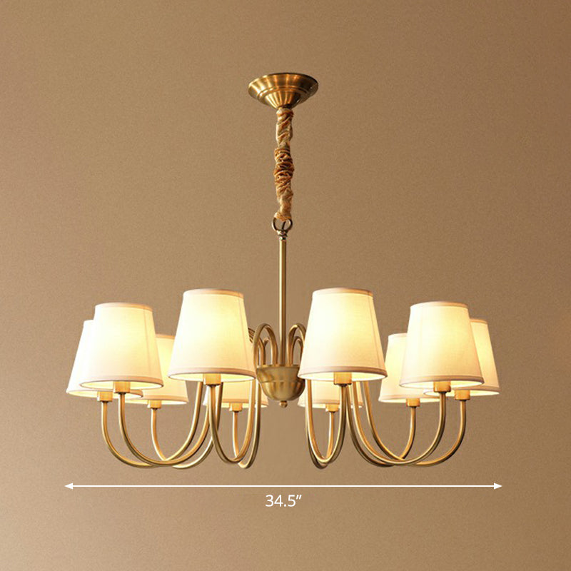 Curvy Arm Metal Chandelier Minimalistic Living Room Pendant Light in Brass with Cone Fabric Shade 10 Brass Clearhalo 'Ceiling Lights' 'Chandeliers' 'Modern Chandeliers' 'Modern' Lighting' 2423808