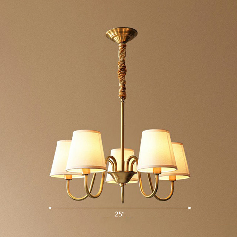 Curvy Arm Metal Chandelier Minimalistic Living Room Pendant Light in Brass with Cone Fabric Shade 5 Brass Clearhalo 'Ceiling Lights' 'Chandeliers' 'Modern Chandeliers' 'Modern' Lighting' 2423809