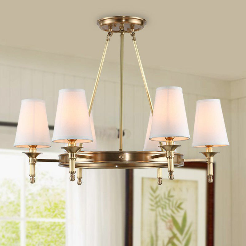 Cone Hanging Ceiling Light Minimalist Fabric Dining Room Chandelier Light Fixture in Brass 6 Brass Clearhalo 'Ceiling Lights' 'Chandeliers' 'Modern Chandeliers' 'Modern' Lighting' 2423811
