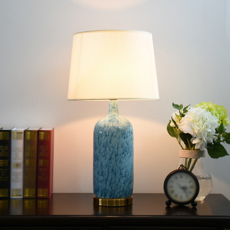 Tapered Nightstand Lamp Simplicity Fabric 1 Head Blue Table Light with Jug Shaped Ceramic Base Blue Clearhalo 'Lamps' 'Table Lamps' Lighting' 2423838