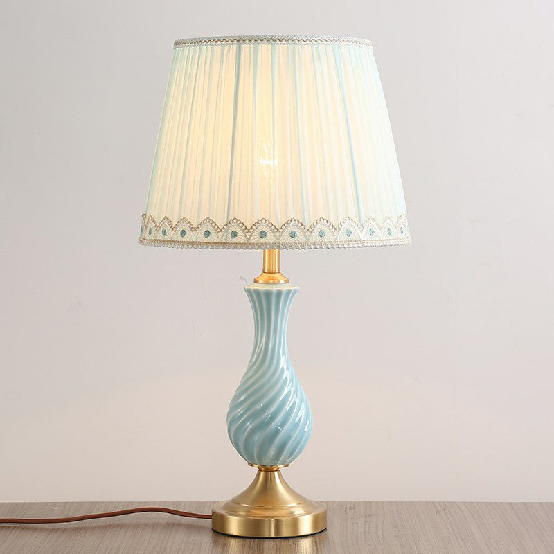 Blue Vase Nightstand Light Modern 1-Bulb Ceramic Table Lamp with Pleated Fabric Shade Clearhalo 'Lamps' 'Table Lamps' Lighting' 2423844