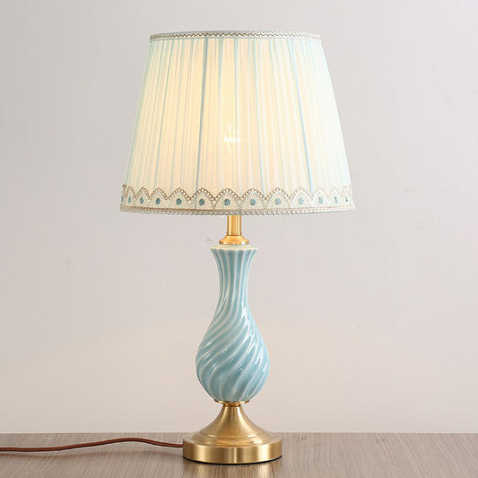 Blue Vase Nightstand Light Modern 1-Bulb Ceramic Table Lamp with Pleated Fabric Shade Clearhalo 'Lamps' 'Table Lamps' Lighting' 2423844