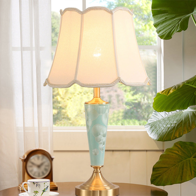 Classic Scalloped Table Lamp Single-Bulb Fabric Night Light with Flared Bottom in Blue Clearhalo 'Lamps' 'Table Lamps' Lighting' 2423851