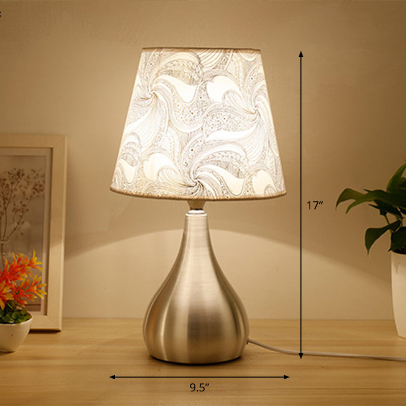 Empire Shade Print Fabric Table Lamp Contemporary 1-Light Silver Nightstand Light Clearhalo 'Lamps' 'Table Lamps' Lighting' 2423861