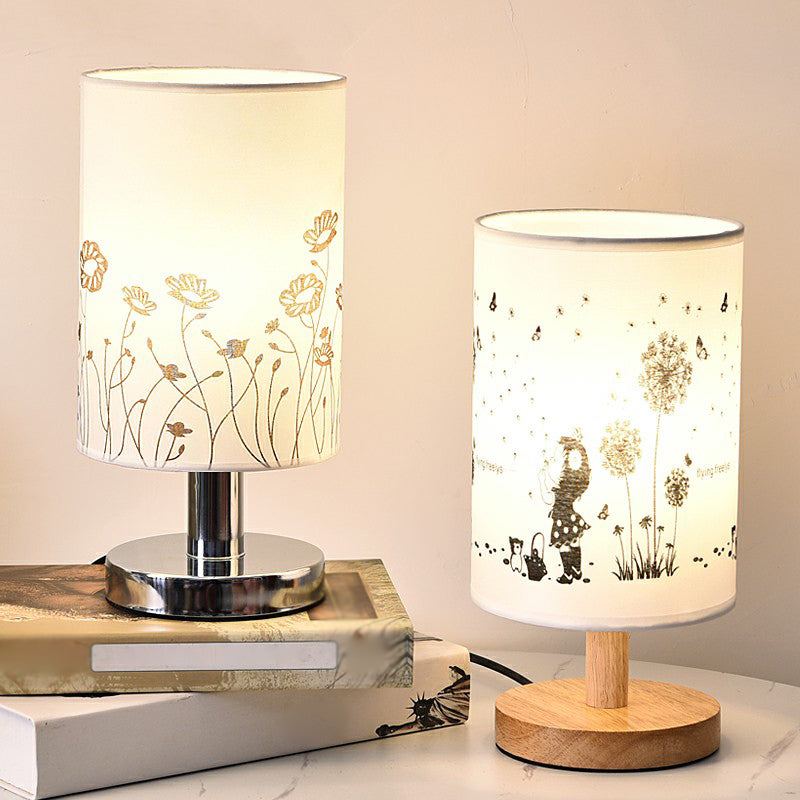 Cylinder Bedside Table Lamp Print Fabric 1-Light Minimalist Nightstand Light in White Clearhalo 'Lamps' 'Table Lamps' Lighting' 2423868