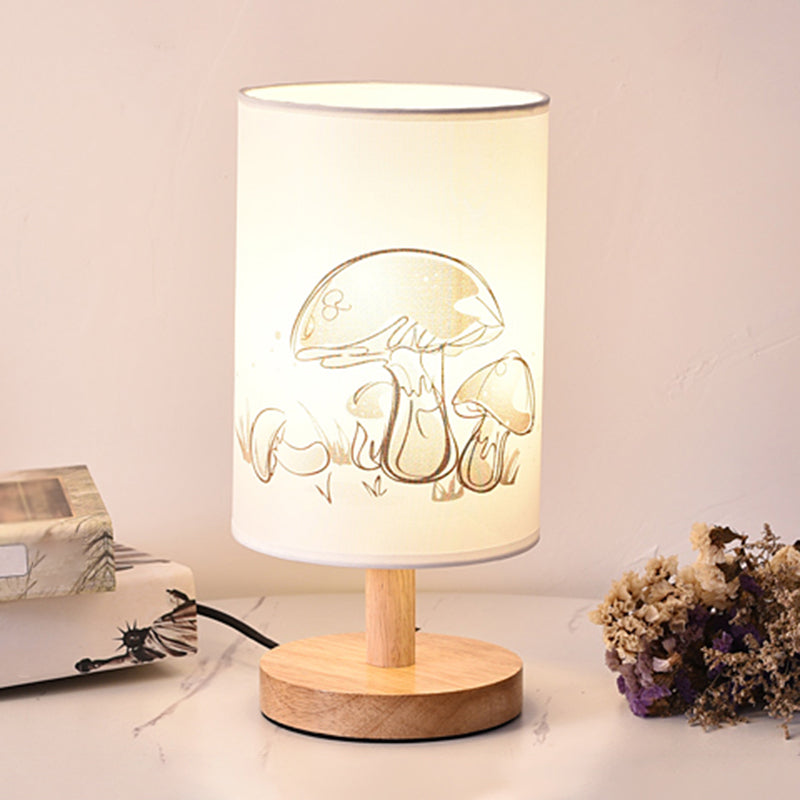 Cylinder Bedside Table Lamp Print Fabric 1-Light Minimalist Nightstand Light in White White Mushroom Clearhalo 'Lamps' 'Table Lamps' Lighting' 2423869