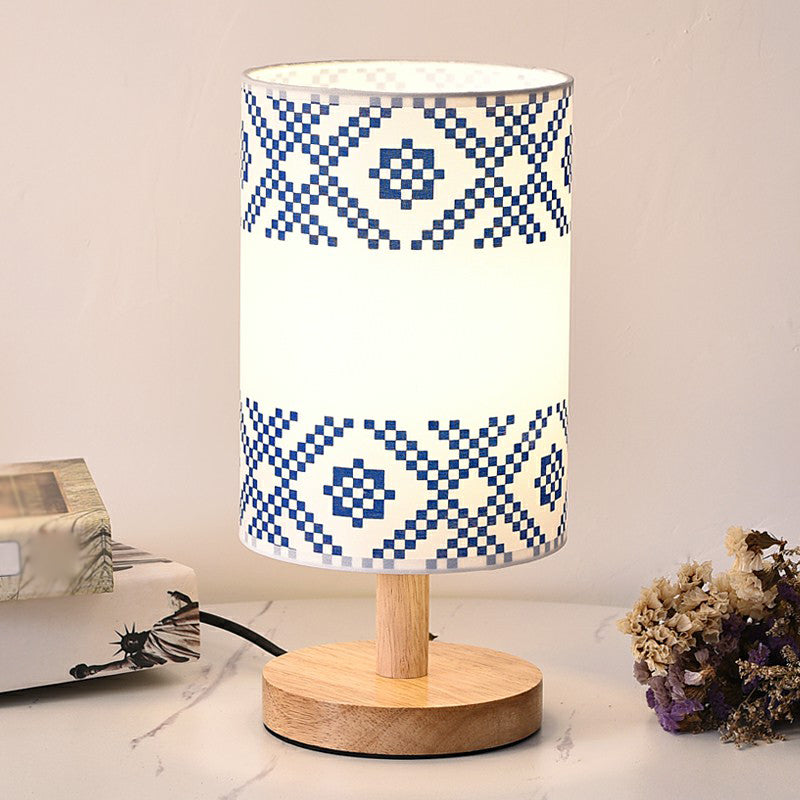 Cylinder Bedside Table Lamp Print Fabric 1-Light Minimalist Nightstand Light in White White Trellis Clearhalo 'Lamps' 'Table Lamps' Lighting' 2423870