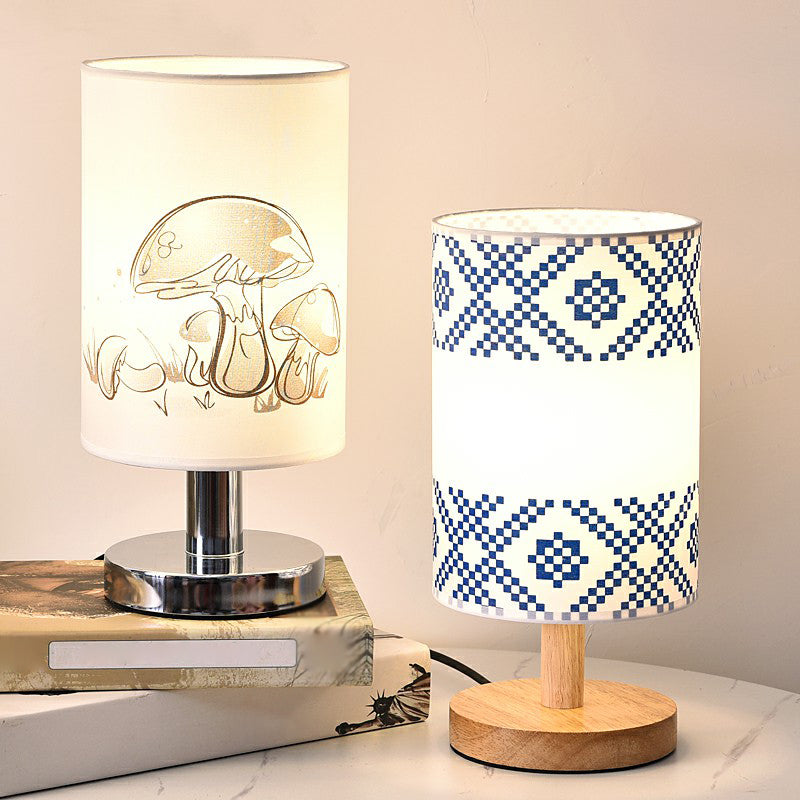 Cylinder Bedside Table Lamp Print Fabric 1-Light Minimalist Nightstand Light in White Clearhalo 'Lamps' 'Table Lamps' Lighting' 2423871