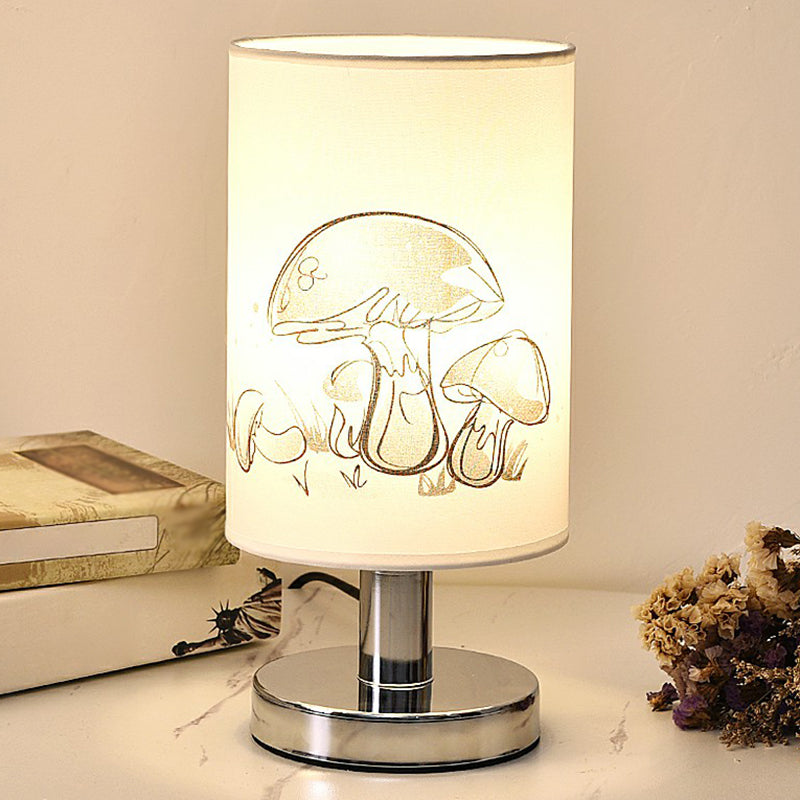 Cylinder Bedside Table Lamp Print Fabric 1-Light Minimalist Nightstand Light in White Clearhalo 'Lamps' 'Table Lamps' Lighting' 2423872