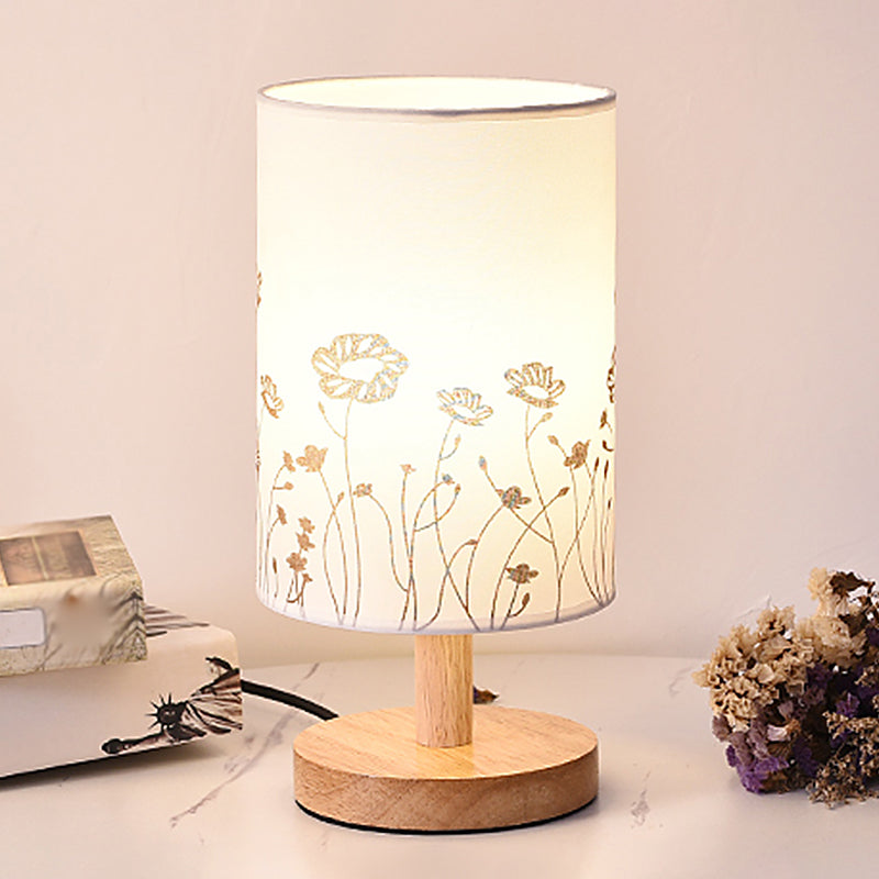 Cylinder Bedside Table Lamp Print Fabric 1-Light Minimalist Nightstand Light in White White Flower Clearhalo 'Lamps' 'Table Lamps' Lighting' 2423873