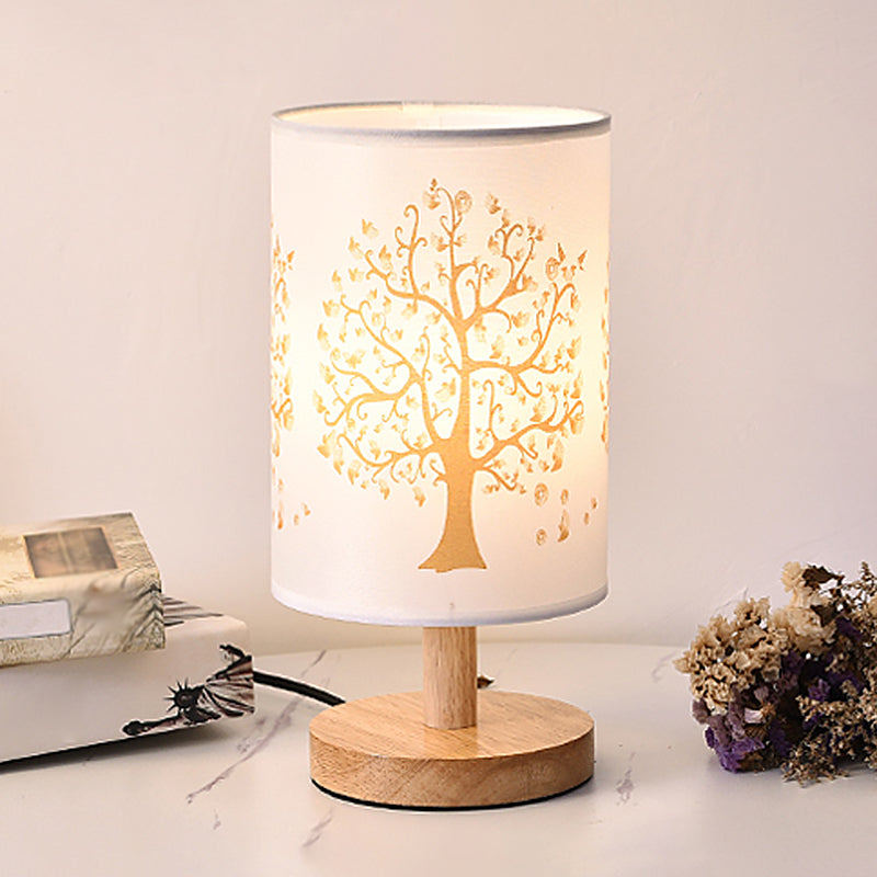 Cylinder Bedside Table Lamp Print Fabric 1-Light Minimalist Nightstand Light in White White Tree Clearhalo 'Lamps' 'Table Lamps' Lighting' 2423875