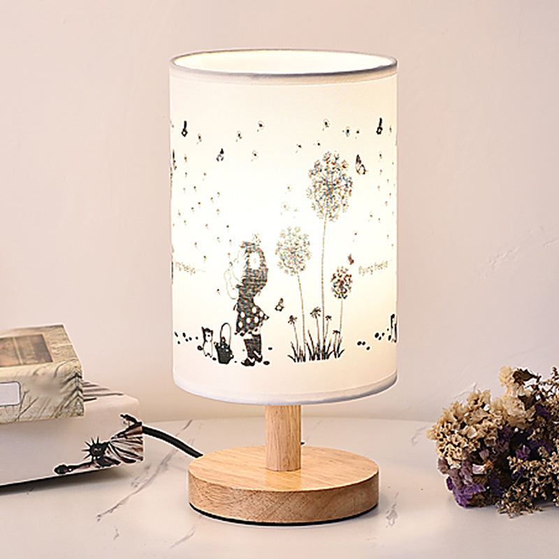 Cylinder Bedside Table Lamp Print Fabric 1-Light Minimalist Nightstand Light in White White Dandelion Clearhalo 'Lamps' 'Table Lamps' Lighting' 2423877