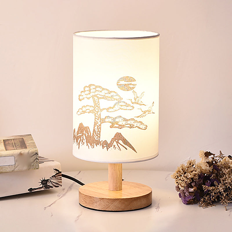 Cylinder Bedside Table Lamp Print Fabric 1-Light Minimalist Nightstand Light in White White Branch Clearhalo 'Lamps' 'Table Lamps' Lighting' 2423878