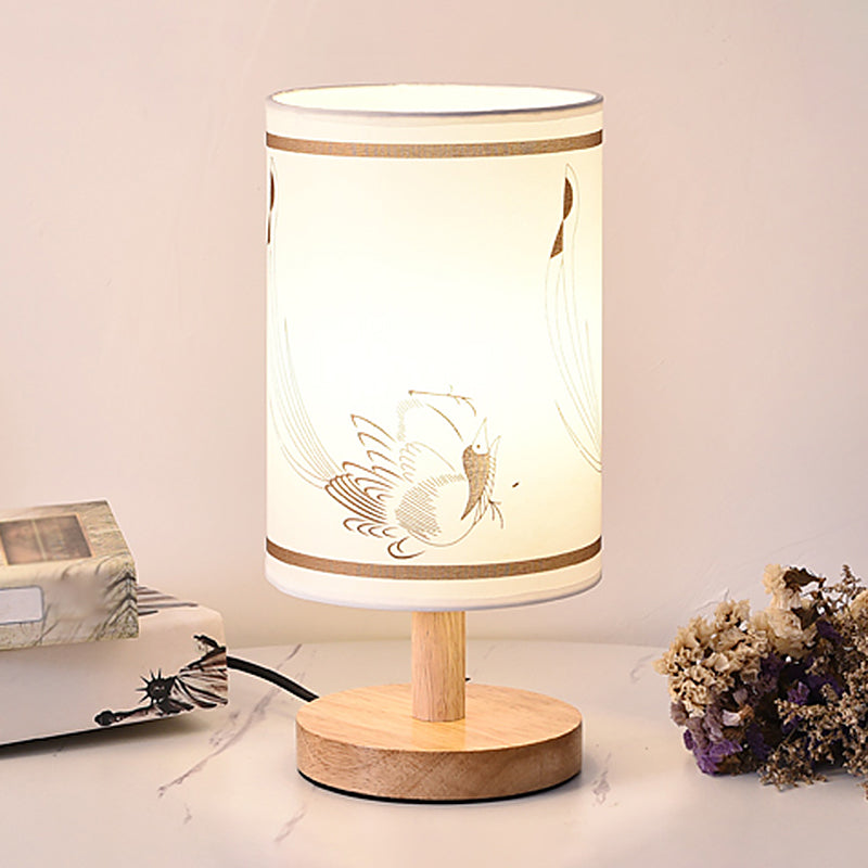 Cylinder Bedside Table Lamp Print Fabric 1-Light Minimalist Nightstand Light in White White Bird Clearhalo 'Lamps' 'Table Lamps' Lighting' 2423879