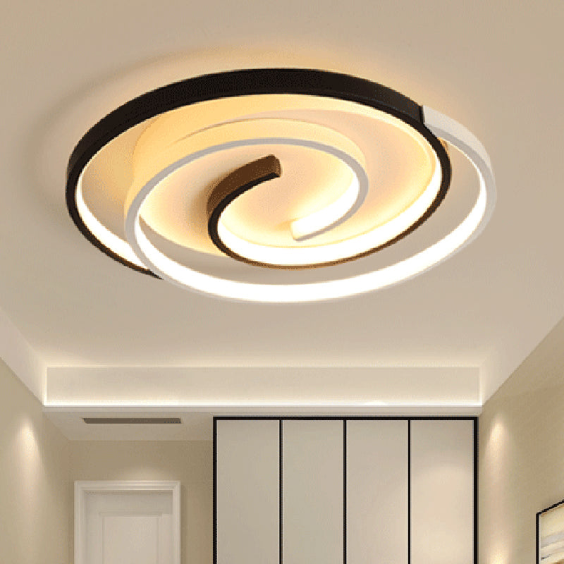 Black and White Swirl Ceiling Light Simple Metal LED Flush Mount Lighting Fixture for Bedroom Black-White 18" Clearhalo 'Ceiling Lights' 'Close To Ceiling Lights' 'Close to ceiling' 'Flush mount' Lighting' 2424181