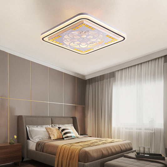 19.5" W Hollowed-out Square Semi Flush Light Modern Crystal Bedroom Remote-Control Fan Lamp in White Clearhalo 'Ceiling Fans with Lights' 'Ceiling Fans' 'Modern Ceiling Fans' 'Modern' Lighting' 2424223