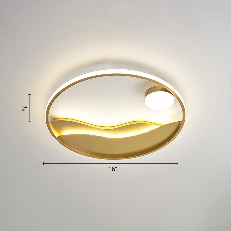 Sunrise and Sea Ceiling Light Artistic Metal Bedroom LED Flush Mount with Halo Ring Gold 16" Remote Control Stepless Dimming Clearhalo 'Ceiling Lights' 'Close To Ceiling Lights' 'Close to ceiling' 'Flush mount' Lighting' 2424311