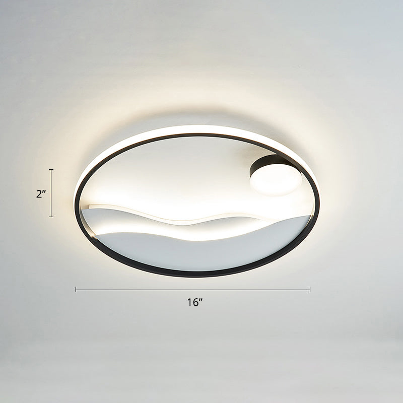 Sunrise and Sea Ceiling Light Artistic Metal Bedroom LED Flush Mount with Halo Ring Black-White 16" Remote Control Stepless Dimming Clearhalo 'Ceiling Lights' 'Close To Ceiling Lights' 'Close to ceiling' 'Flush mount' Lighting' 2424319