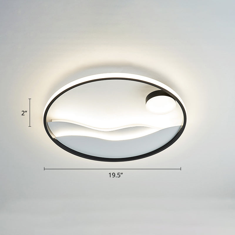 Sunrise and Sea Ceiling Light Artistic Metal Bedroom LED Flush Mount with Halo Ring Black-White 19.5" Remote Control Stepless Dimming Clearhalo 'Ceiling Lights' 'Close To Ceiling Lights' 'Close to ceiling' 'Flush mount' Lighting' 2424322