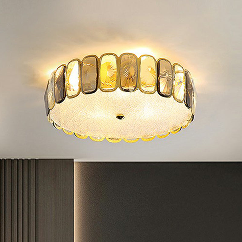 Postmodern Drum Ceiling Flush Light Fixture Smoky and Amber Crystal Living Room LED Flush Mount in Brass Clearhalo 'Ceiling Lights' 'Close To Ceiling Lights' 'Close to ceiling' 'Flush mount' Lighting' 2424330