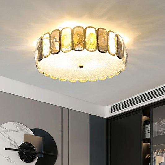 Postmodern Drum Ceiling Flush Light Fixture Smoky and Amber Crystal Living Room LED Flush Mount in Brass Brass 16" Clearhalo 'Ceiling Lights' 'Close To Ceiling Lights' 'Close to ceiling' 'Flush mount' Lighting' 2424331