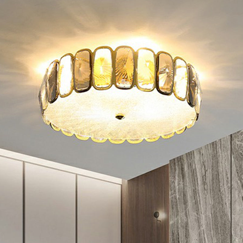 Postmodern Drum Ceiling Flush Light Fixture Smoky and Amber Crystal Living Room LED Flush Mount in Brass Brass 20" Clearhalo 'Ceiling Lights' 'Close To Ceiling Lights' 'Close to ceiling' 'Flush mount' Lighting' 2424332