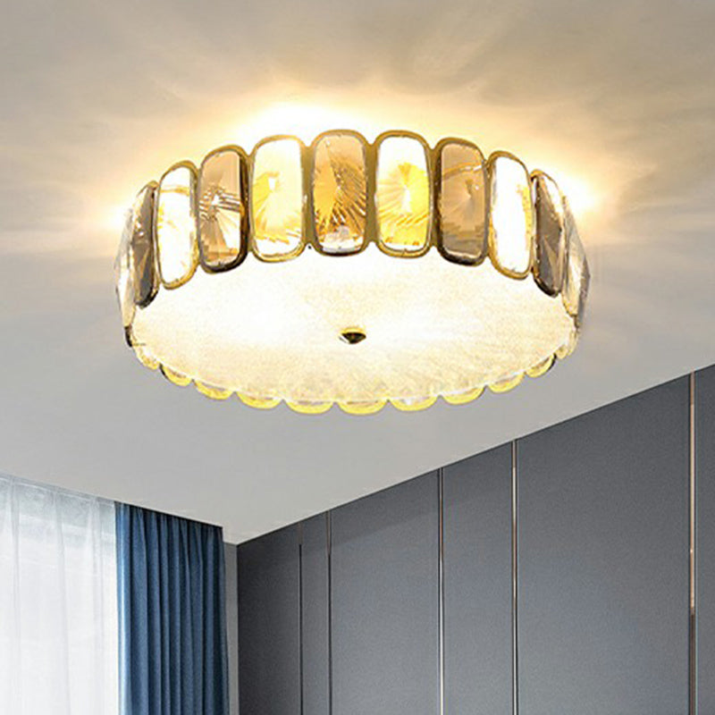 Postmodern Drum Ceiling Flush Light Fixture Smoky and Amber Crystal Living Room LED Flush Mount in Brass Clearhalo 'Ceiling Lights' 'Close To Ceiling Lights' 'Close to ceiling' 'Flush mount' Lighting' 2424333