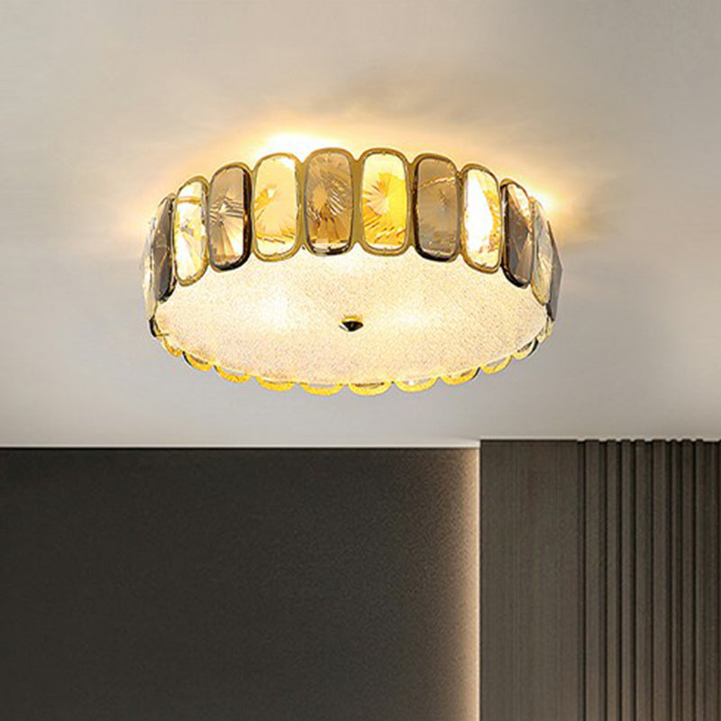 Postmodern Drum Ceiling Flush Light Fixture Smoky and Amber Crystal Living Room LED Flush Mount in Brass Brass 23.5" Clearhalo 'Ceiling Lights' 'Close To Ceiling Lights' 'Close to ceiling' 'Flush mount' Lighting' 2424334